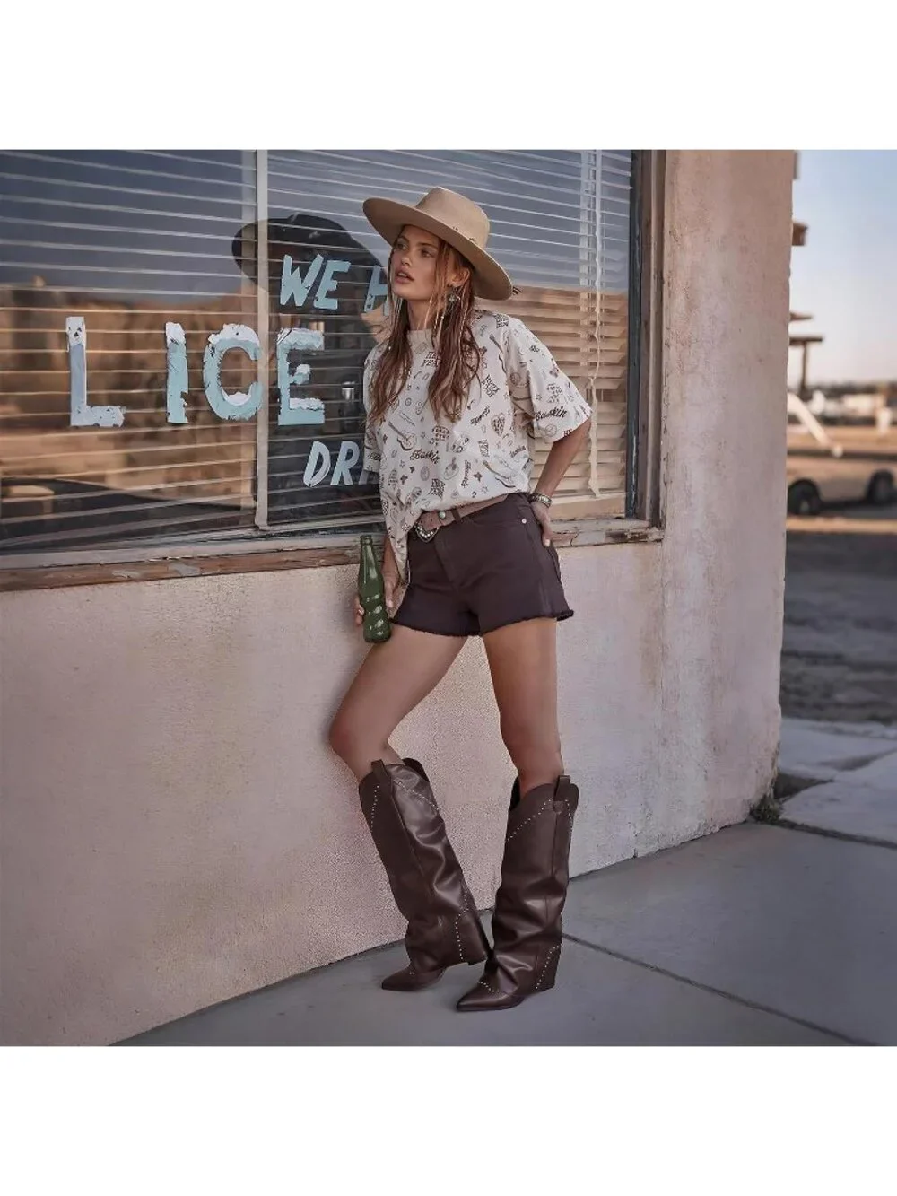 Women Brownish Coffee Chunky Heel Elegant Cowgirl Fold Over Knee High Shark Boot